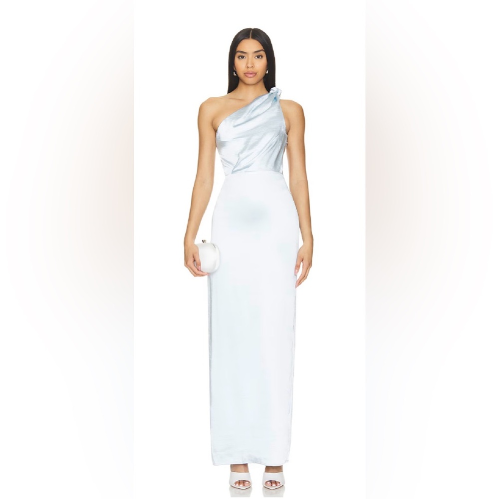 Baby Blue satin one shoulder open back long gown S wedding guest gala formal
